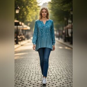 Nwt Chic Teal Floral Women's Blouse Luyaa Comfy Casual Top Shirt Medium